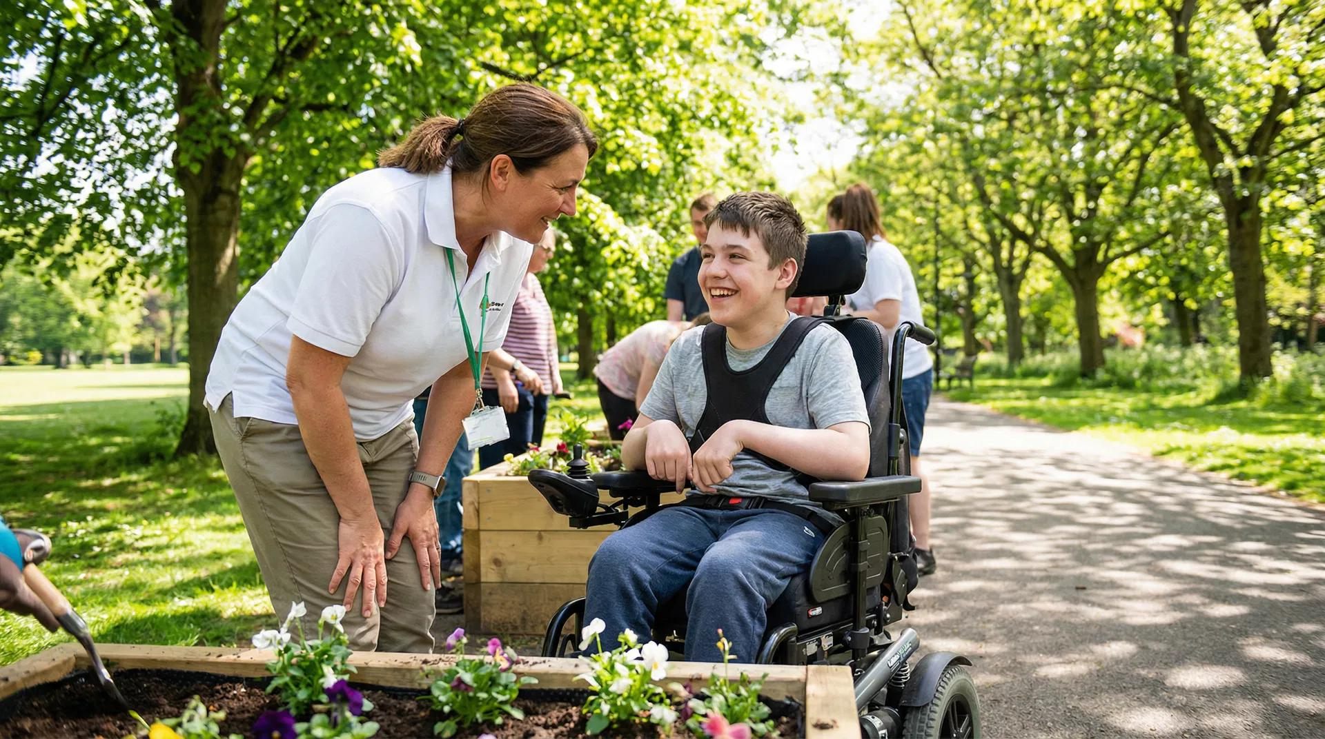 Smiling young man in a wheelchair talking with a support worker while gardening in a park